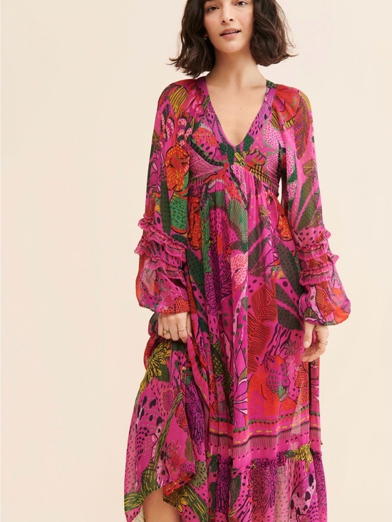 FARM Rio Dresses & Skirts - FARM Rio Fuchsia and Green Floral V-Neck Maxi Dress